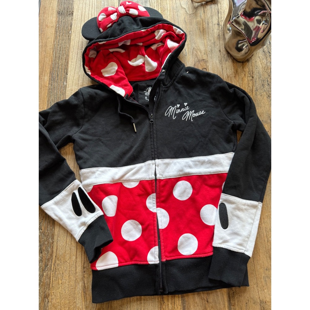 Minnie Mouse Disney Black Red Polka Dot Zip Up Hoodie Ears & Bow‎